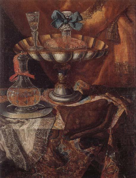 unknow artist Still life of a wine glass and bottle in a parcel gilt tazza together with a glass decanter on a pewter dish upon a draped tabletop china oil painting image